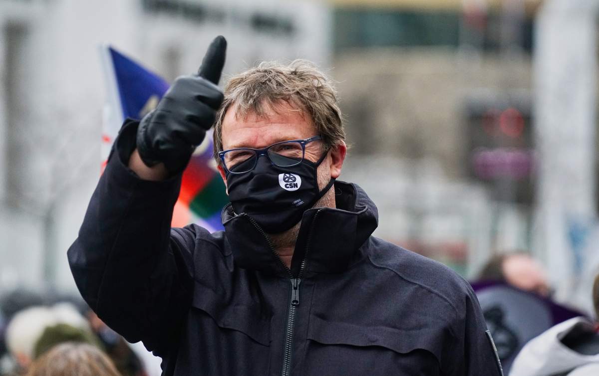 Head of the CSN labour union Jacques Letourneau staging a protest march in Montreal, Que., Saturday, November 14,2020.