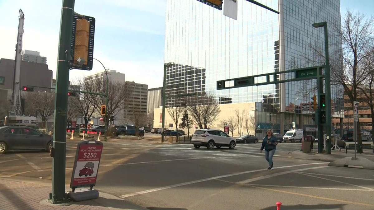 The intersection of  106 Street and Jasper Avenue in downtown Edmonton on Wednesday. April 7, 2021.