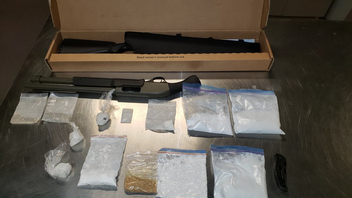 A photo showing the suspected drugs and shotgun seized from a vehicle last week in Kelowna.