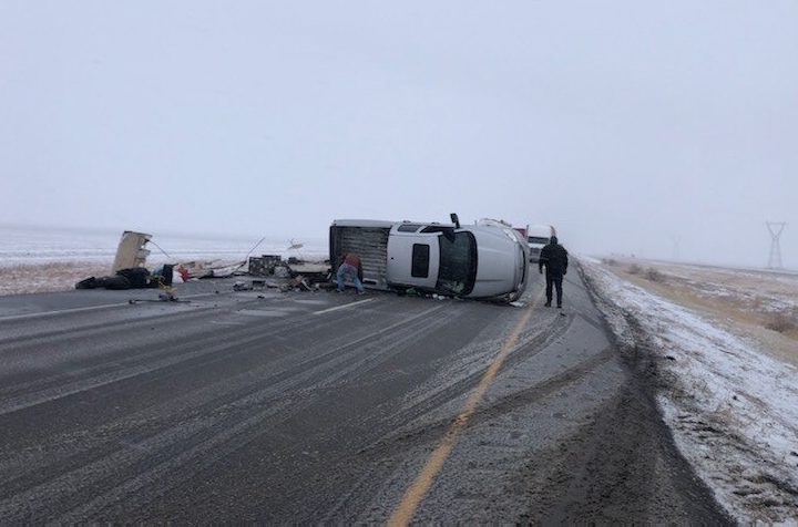 A truck rolled over Monday on the Trans Canada Highway.