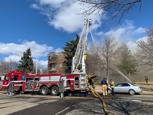 Firefighters were called to a blaze at an apartment building in the area of 121 Street and 145 Avenue in Edmonton Thursday, April 8, 2021.