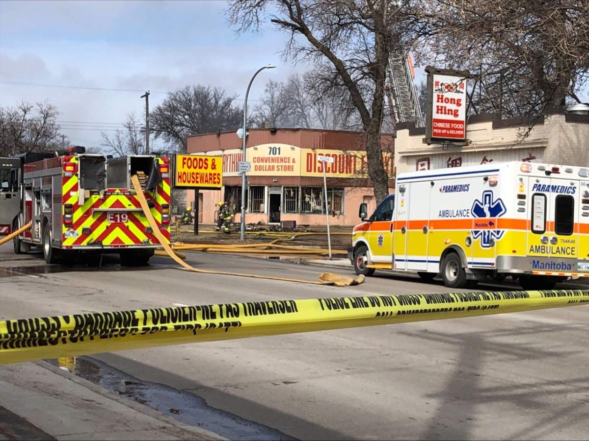 Crews remain on scene Sunday putting out a blaze in the 700 block of Ellice Ave. where traffic is temporarily blocked./GLOBAL NEWS