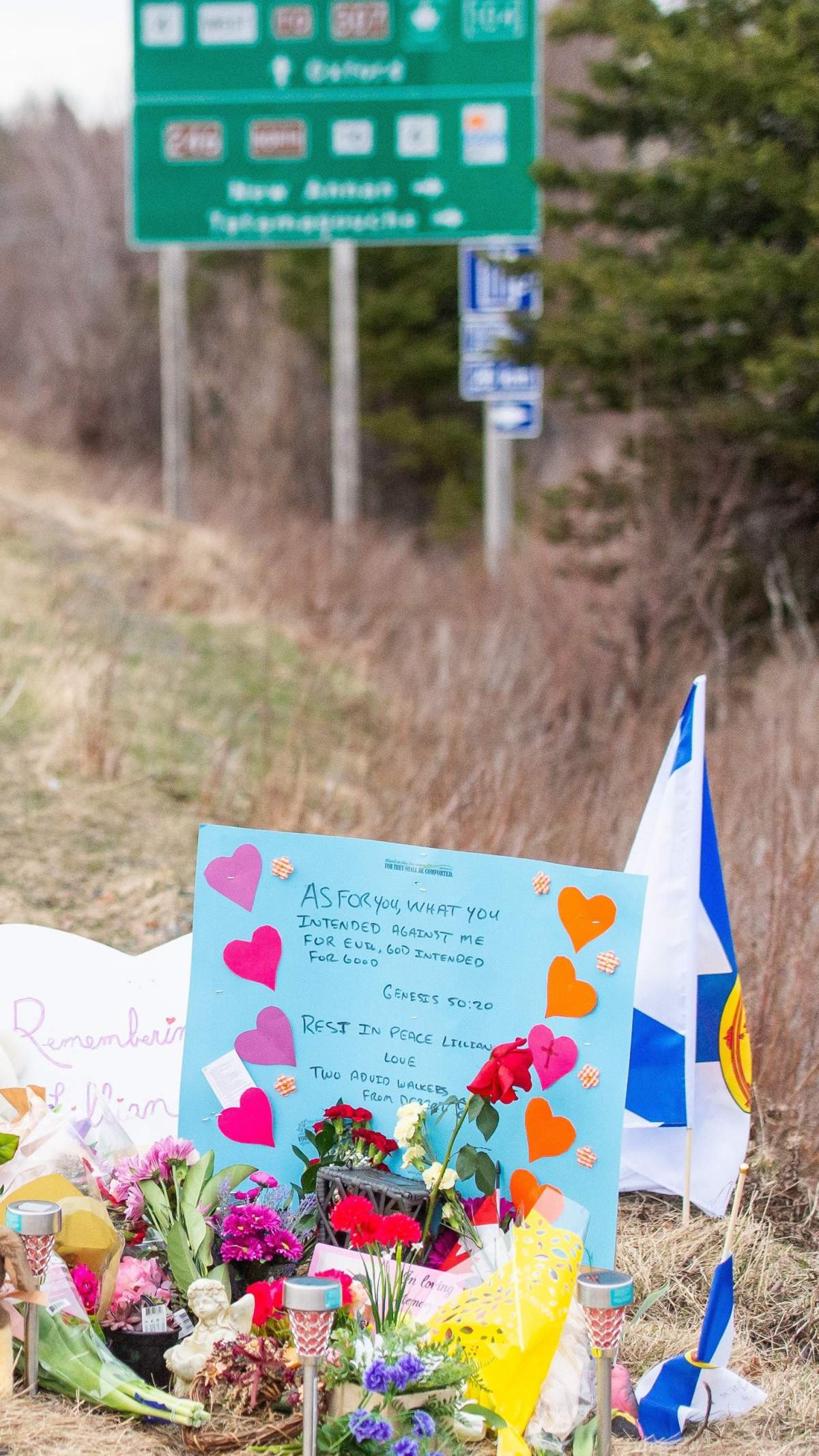A memorial remembering Lillian Hyslop is seen along the road in Wentworth, N.S. on Friday, April 24, 2020. 