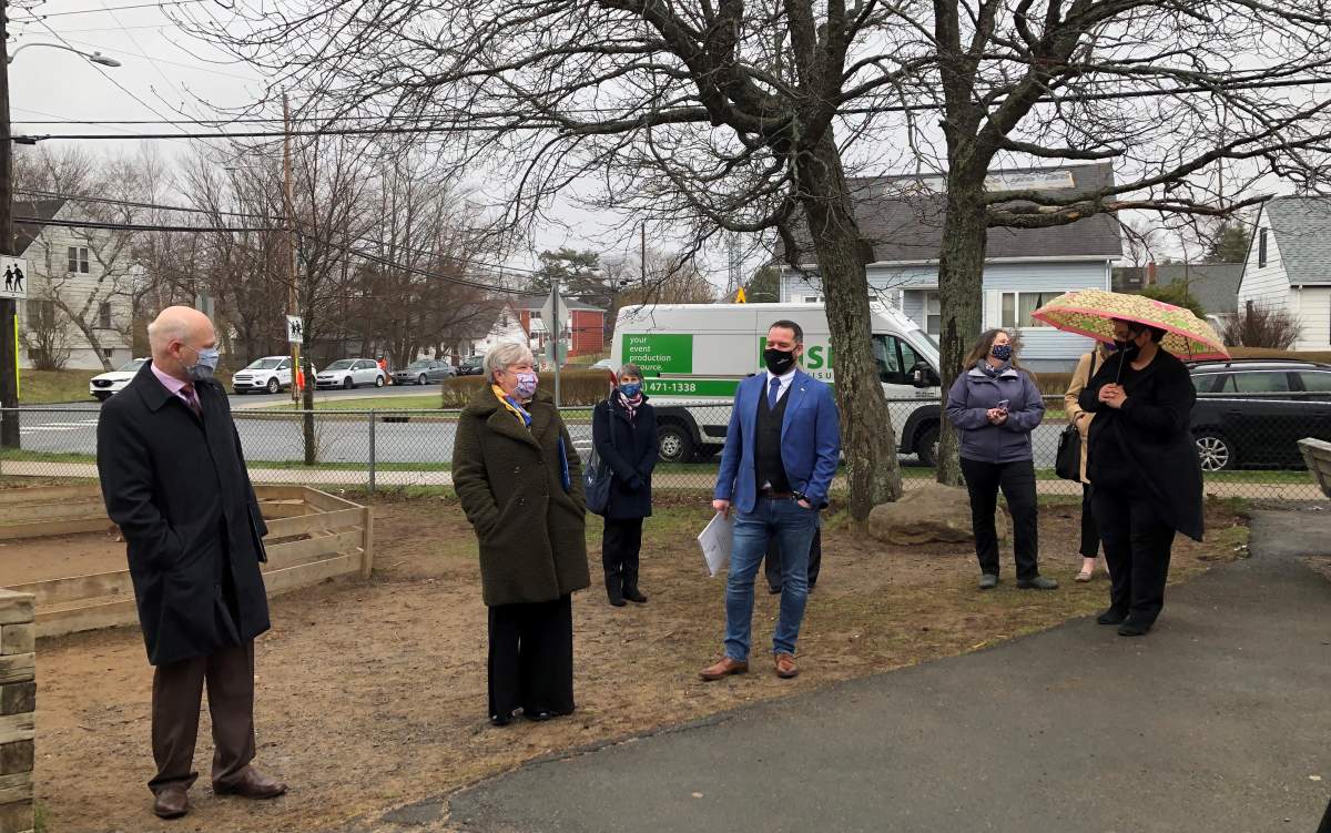 Elected officials (left to right) Geoff Regan, Bernadette Jordan, Derek Mombourquette, and Patricia Arab attend an outdoor learning funding announcement in Halifax on April 13, 2021.