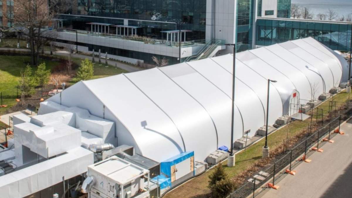 The Pandemic Response Unit outside of Joseph Brant Hospital in Burlington, originally built for COVID-19 patients, was converted to a vaccination clinic for Halton region in March 2021.