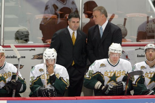 Head coach Dave Tippett and associate coach Rick Wilson of the Dallas Stars look on from the bench against the Anaheim Ducks at the Honda Center on October 15, 2006, in Anaheim, California.