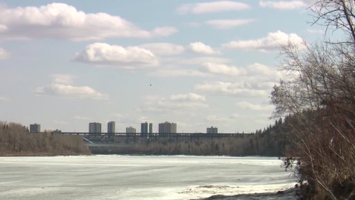 A STARS Air Ambulance helicopter searching the North Saskatchewan River in Edmonton, Alta. on Tuesday, April 6, 2021.