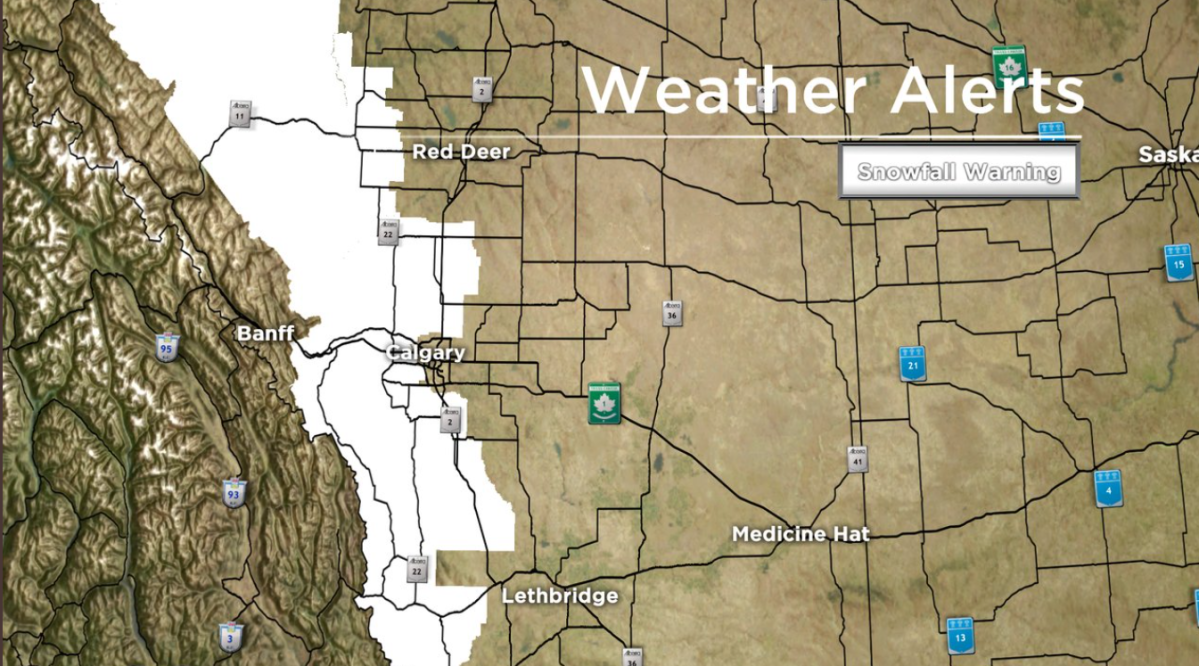 Snowfall warnings surround the city of Calgary to the north, west and south April 18, 2021.