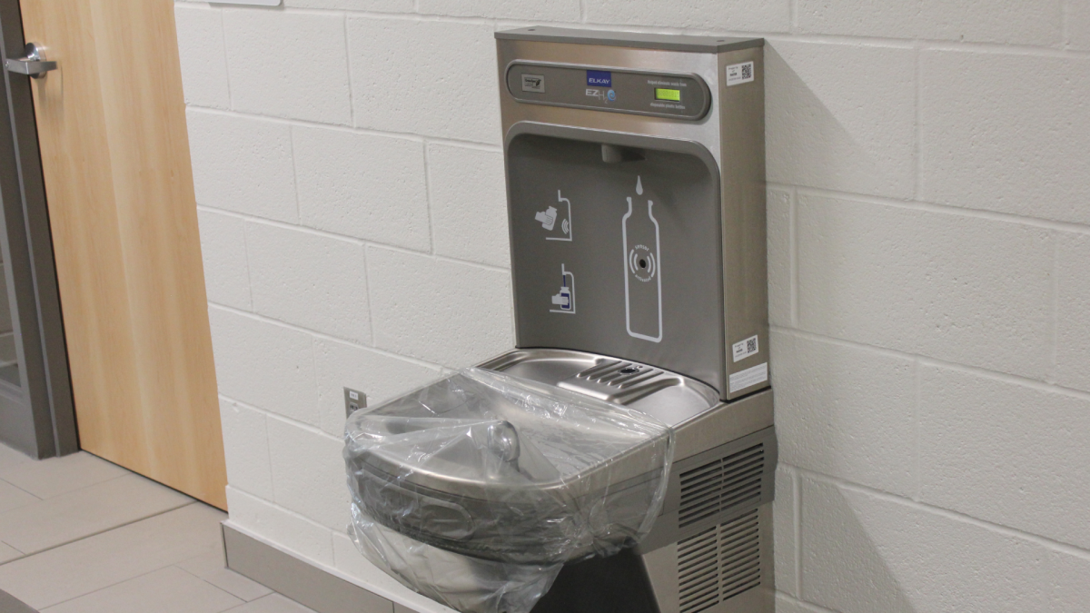 A water fountain shut down in September 2020 prior to classes returning to Shannen Koostacin Elementary School in Hamilton, Ontario.
