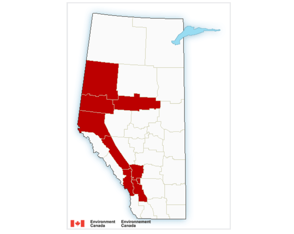 Areas east and north of the Rockies placed under wind warnings Thursday afternoon.  