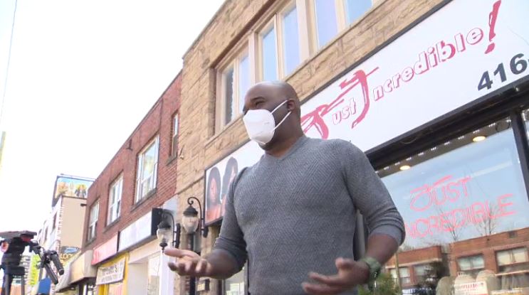 Andre Critchlow, owner of ‘Just Incredible Hair’ shop on Eglinton Ave. W for 30 years–says businesses along this strip need immediate financial help.