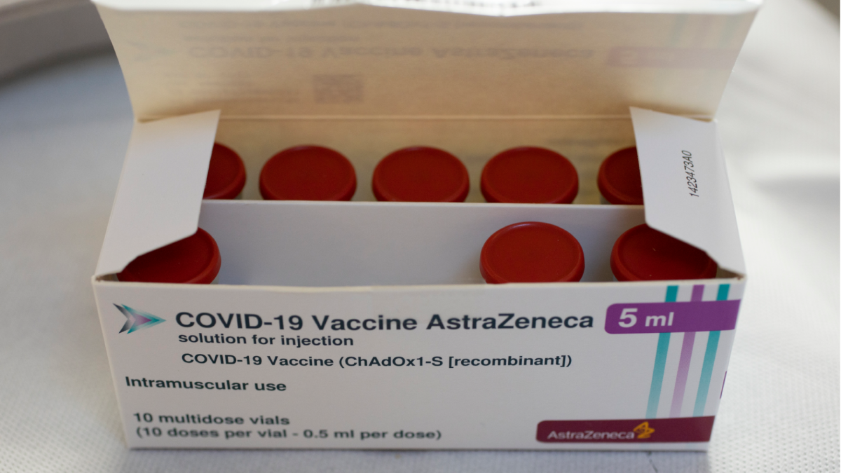 A box with vials of AstraZeneca vaccine against COVID-19 were taken out of a fridge for a few seconds during a vaccination campaign on Wednesday, April 14, 2021.