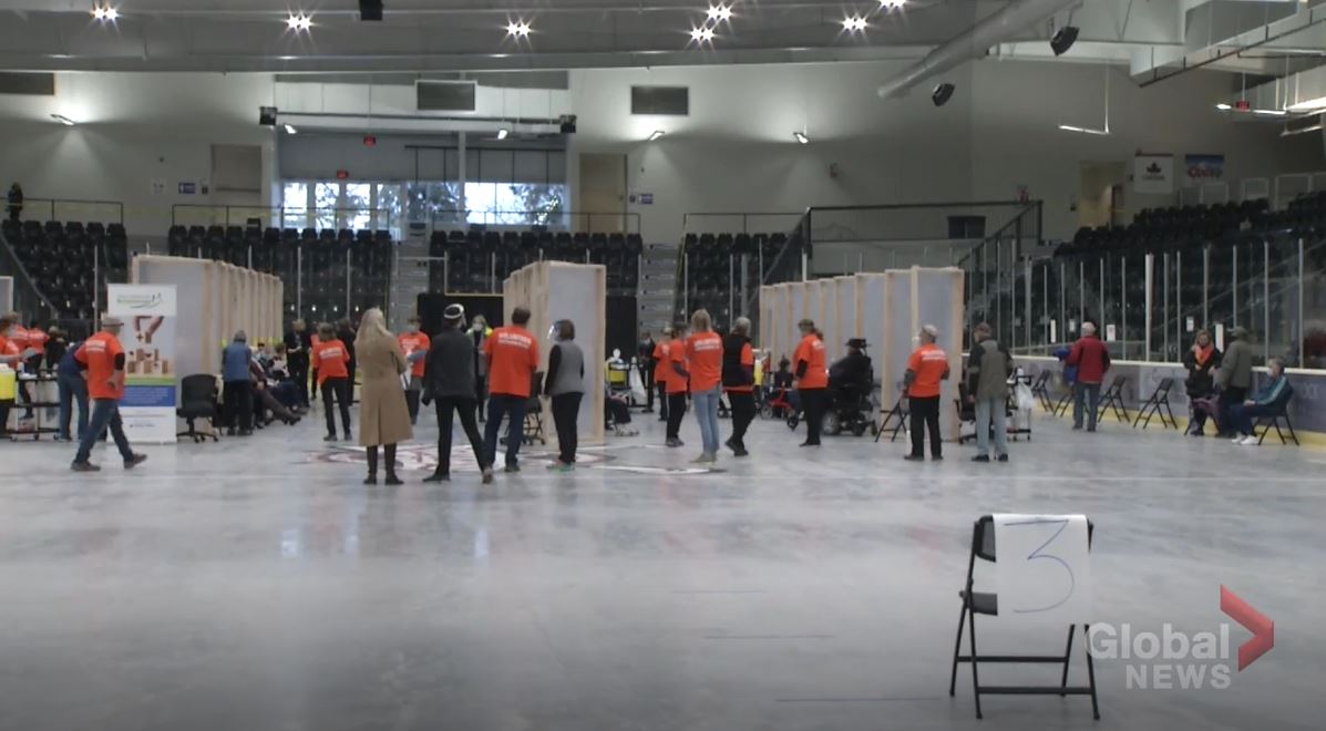 Mass immunization clinic at the Cobourg Community Centre on March 16, 2021.