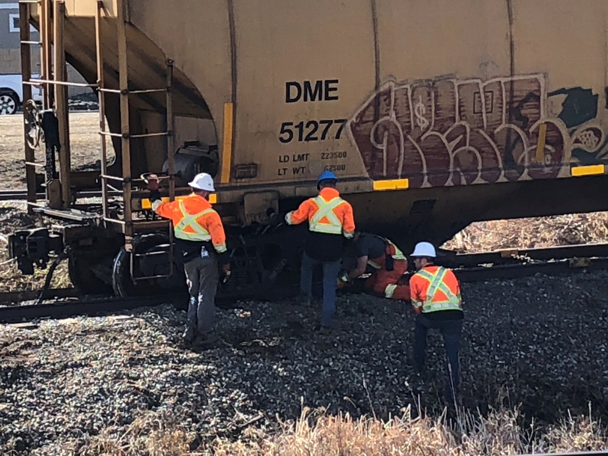 Four Canadian Pacific train cars came off the tracks in Saskatoon on Friday night, but stayed upright, according to a statement from a CP Rail spokesperson. Workers were still at the site on Saturday morning.