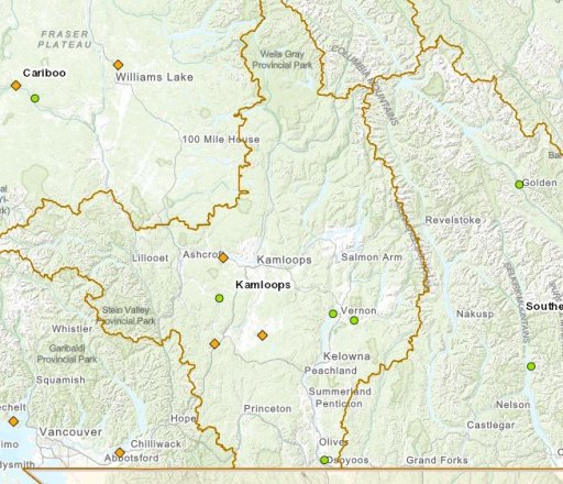 Current wildfires in the Kamloops Fire Centre, April 16.