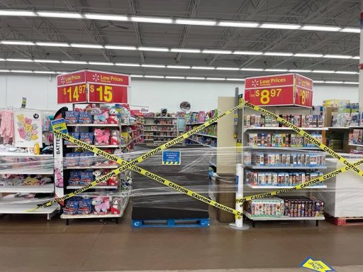 Inside of a Walmart in Toronto blocking off non-essential items under new Ontario-wide restrictions.