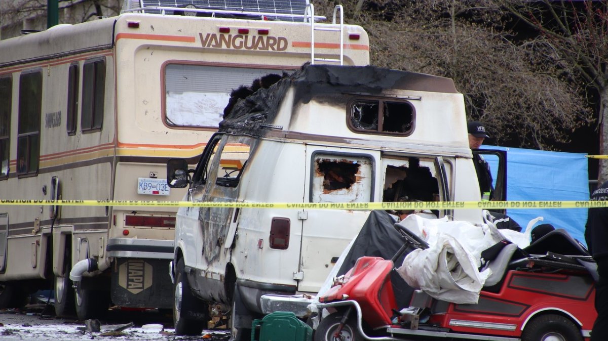 The scene of a fatal RV fire in East Vancouver on Saturday. 