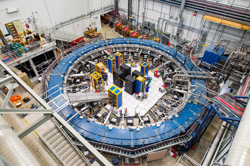 The Muon g-2 ring sits in its detector hall at Fermilab in Batavia, Ill.