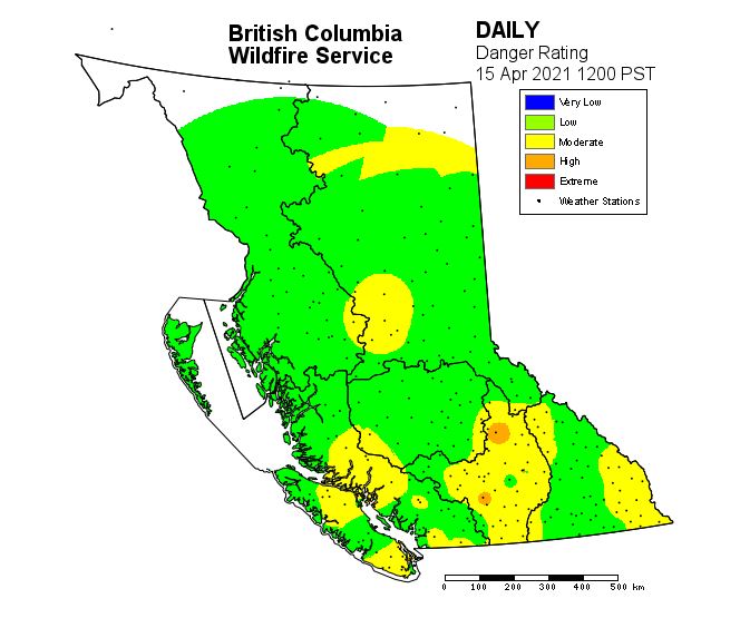 The wildfire danger rating across B.C. on April 16.