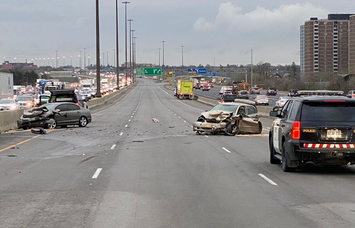 A photo of the crash scene on Highway 401 in Toronto.