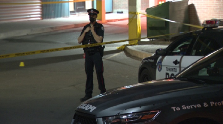 Police at the scene of a shooting in the area of Jane Street and Finch Avenue late Saturday.