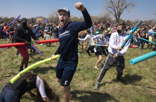 Multiple people with the name Josh duked it out with pool noodles to find out who is the rightful owner of the name Josh via a battle royale in an open green space in Air Park on Saturday, April 24, 2021, in Lincoln, Neb.