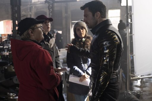 Director Kari Skogland, left, and Winter Soldier/Bucky Barnes (Sebastian Stan) on the set of Marvel Studios’ THE FALCON AND THE WINTER SOLDIER exclusively on Disney+.