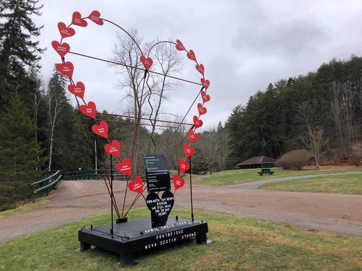 A steel monument, created by a man whose step-son was murdered in the 2020 Nova Scotia mass killings, sits in Victoria Park, Truro, N.S.