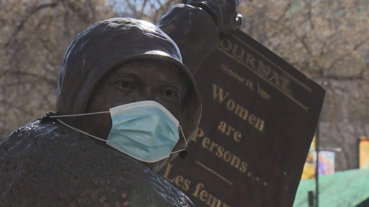 The Famous 5 Foundation is encouraging mask use in Calgary. Statues don masks on Wednesday, April 28, 2021.