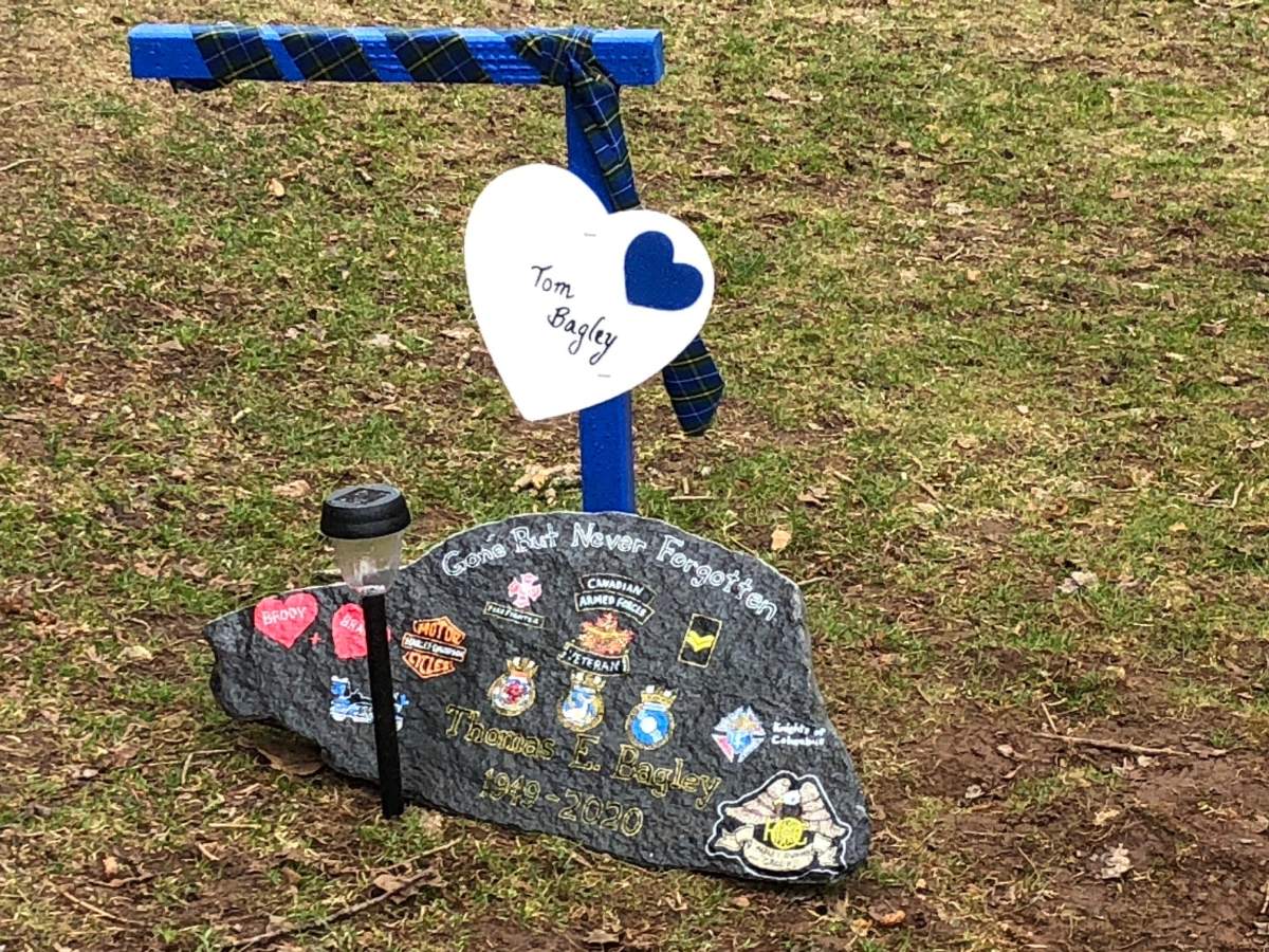 A memorial marker honouring Tom Bagley, one of 22 people murdered in N.S. mass killings.