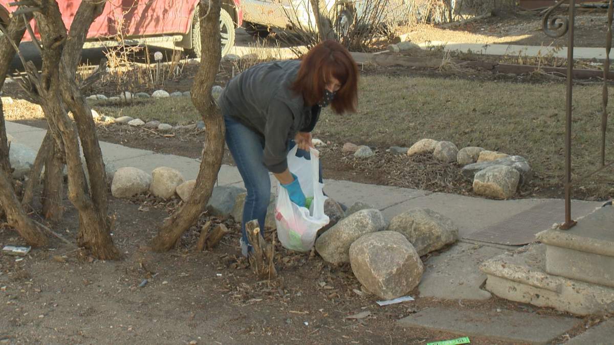 Misty Wensel, a resident in Regina’s Old 33 subdivision, says she and her husband collect litter blown onto their yard from adjacent properties on a daily basis.