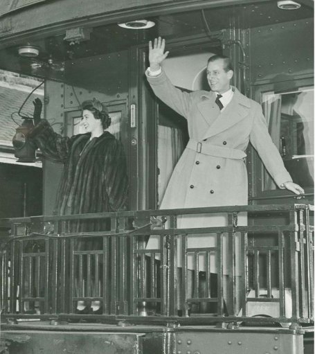 Princess Elizabeth and Prince Philip arrive by train in Halifax in November of 1951.