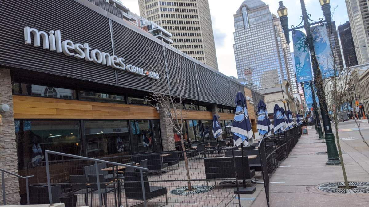 A temporary patio along Calgary's Stephen Avenue, pictured on April 12, 2021.