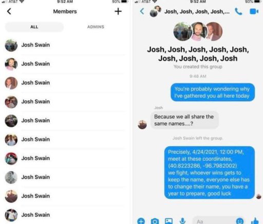 Josh Swain challenges several other Josh Swains to a fight in this viral Facebook conversation.