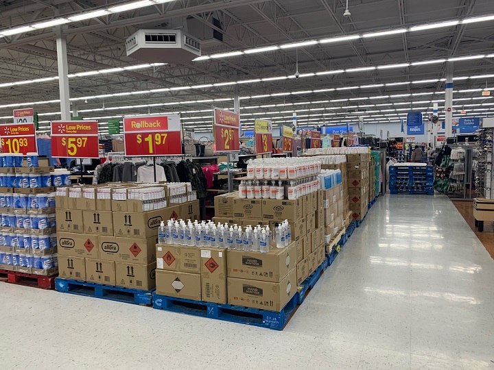 Inside of a Walmart in Toronto blocking off non-essential items under new Ontario-wide restrictions.
