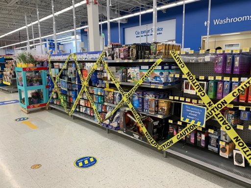 Inside of a Walmart in Toronto blocking off non-essential items under new Ontario-wide restrictions.