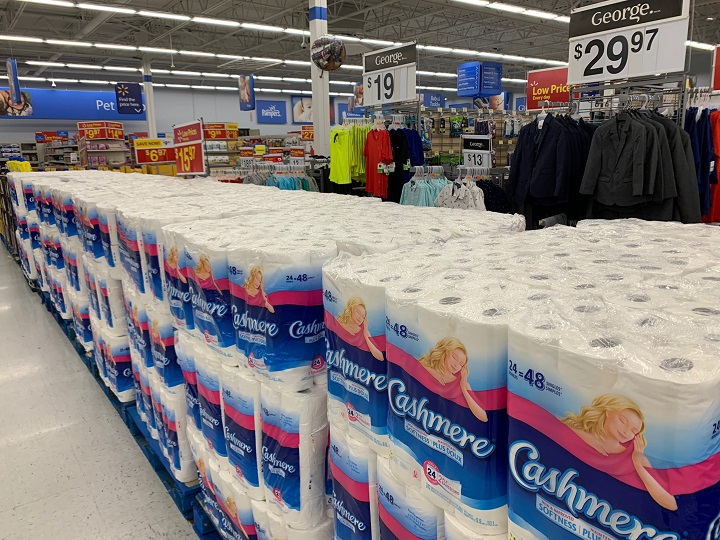 Inside of a Walmart in Toronto blocking off non-essential items under new Ontario-wide restrictions.
