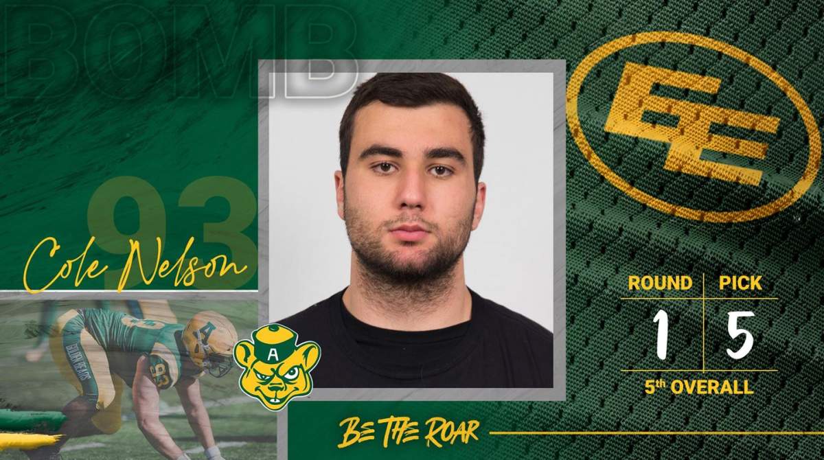 Cole Nelson, a University of Alberta Golden Bears football player, drafted by EE Football, May 4, 2021.
