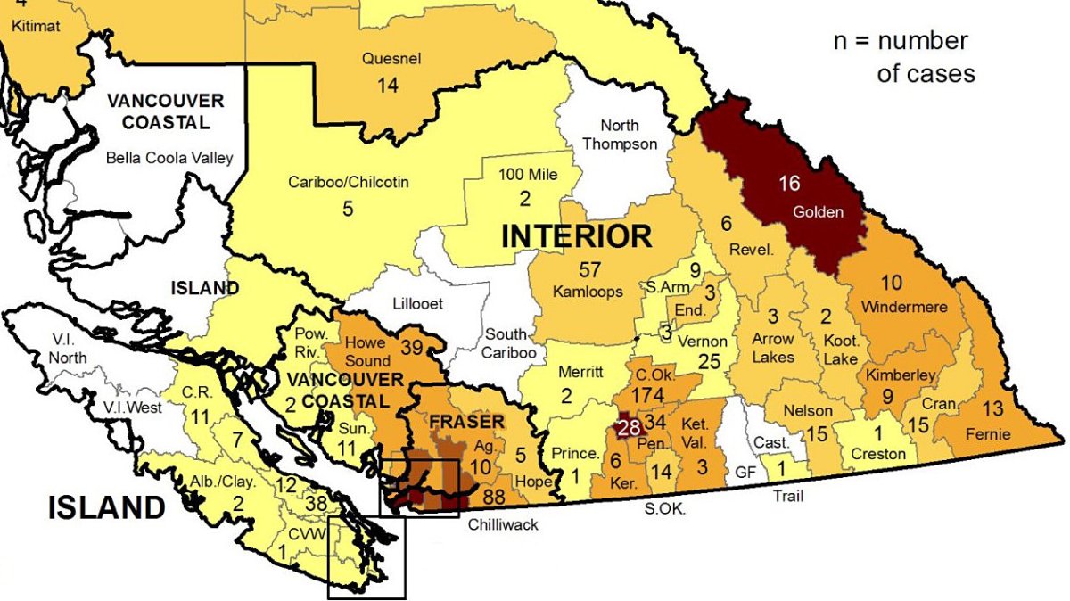 A map showing the number of weekly confirmed cases per local health region in B.C.