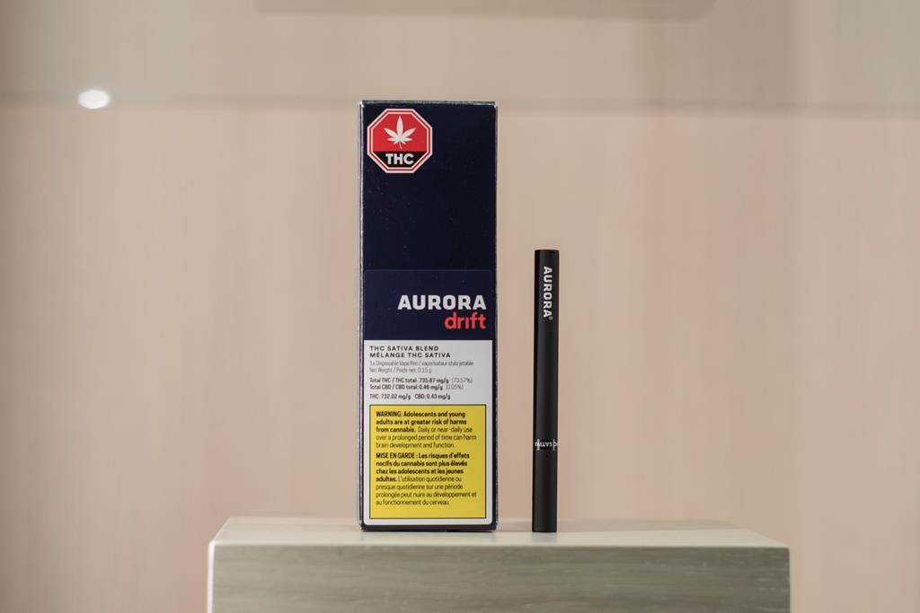 An Aurora Cannabis disposable vape is displayed at the Ontario Cannabis Store in Toronto on January 3, 2020.
