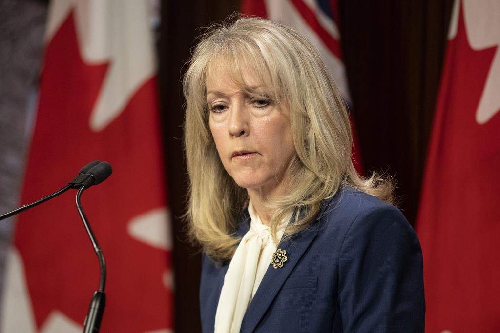 Merrilee Fullerton, Ontario's minister of long-term care, speaks during a media availability at the Queen's Park in Toronto on Monday May 3, 2021. THE CANADIAN PRESS/Chris Young.