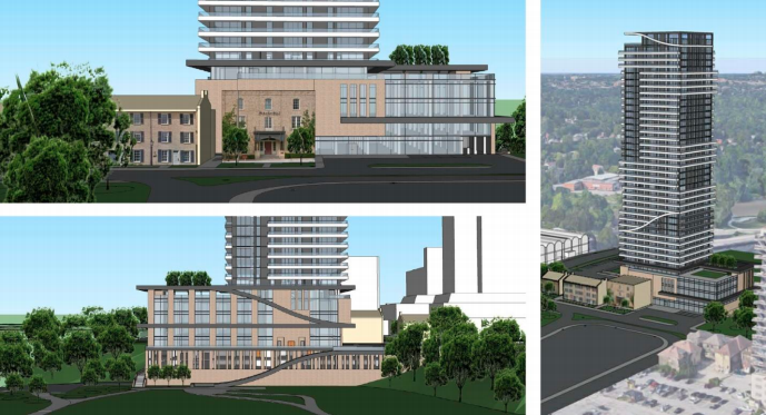 Renderings of proposed development (top left: westerly view from Queens Avenue; bottom left: easterly view from the Thames River; right: southwest aerial view of tower and base).