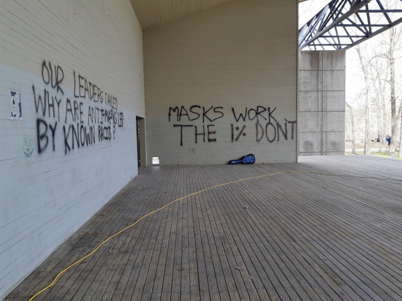 Graffiti seen spray-painted on the outdoor stage at Prince's Island Park in Calgary. 