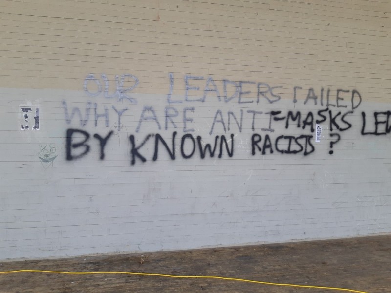 Graffiti seen spray-painted on the outdoor stage at Prince’s Island Park in Calgary.
