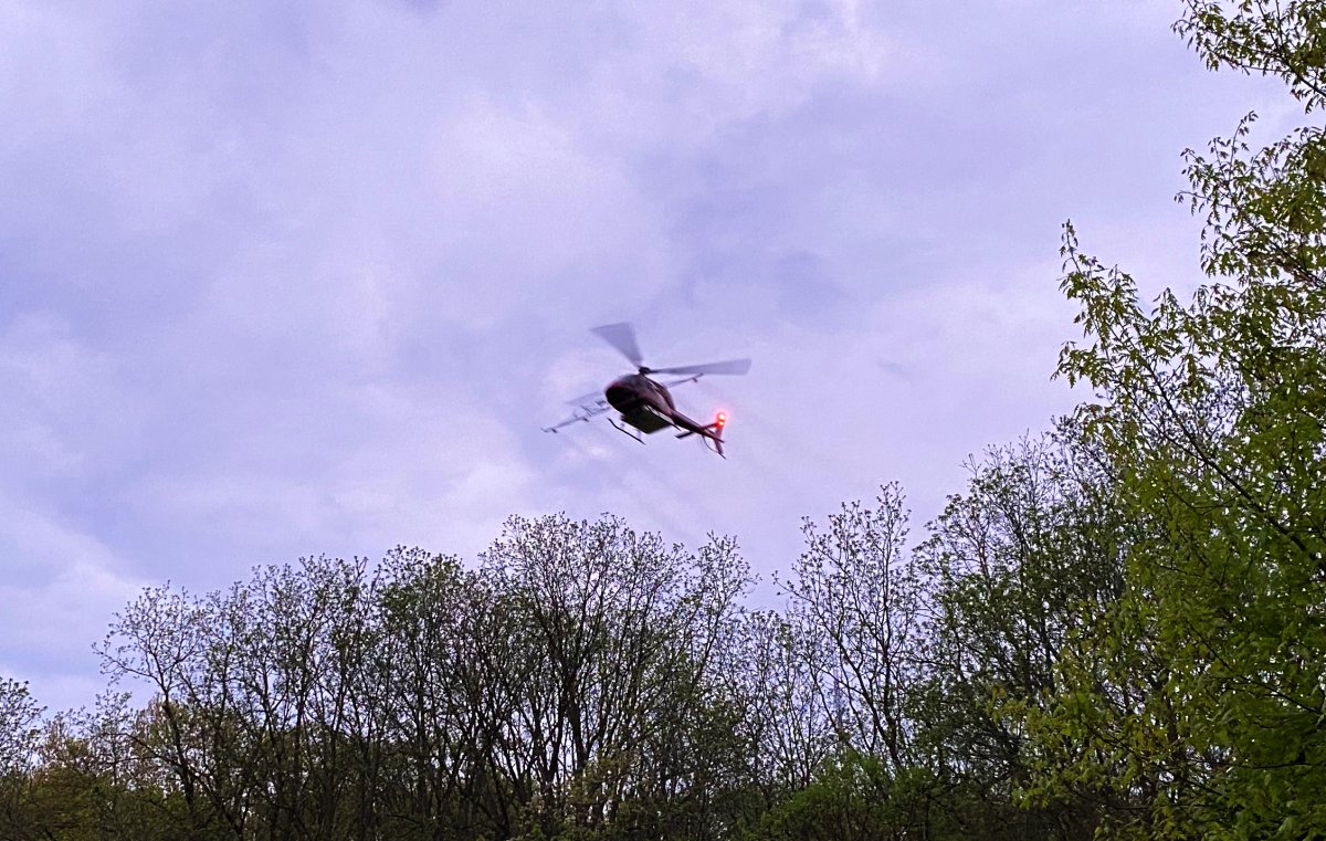 A helicopter spraying a biopesticide to combat the invasive Spongy Moth population hovers over Grand View Park in London, Ont., on May 20, 2021.