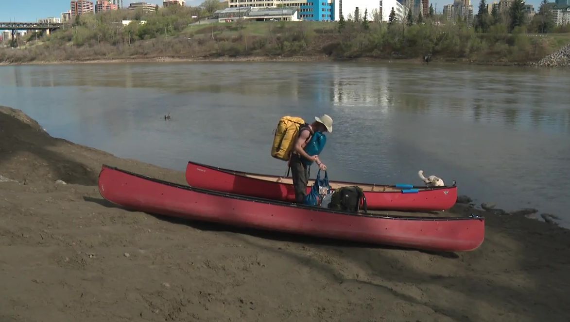 Brett Casey, Elias Niederkorn and Tundra the dog are travelling from Rocky Mountain House to Fredericton, N.B. this summer in canoe. May 12, 2021.