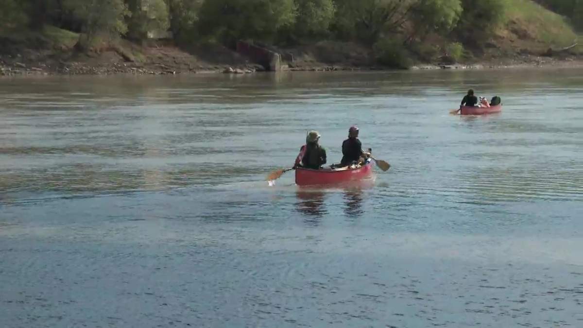 Brett Casey, Elias Niederkorn and Tundra the dog are travelling from Rocky Mountain House to Fredericton, N.B. this summer in canoe. May 12, 2021.