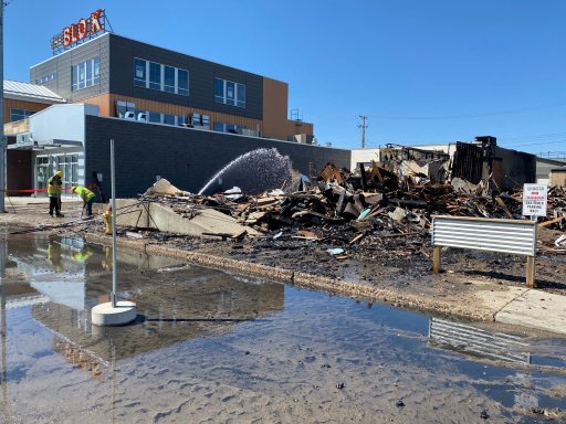 A building was destroyed by fire on Avenue B South in Saskatoon on the morning of Monday, May 3, 2021. Gabriela Panza-Beltrandi / Global News