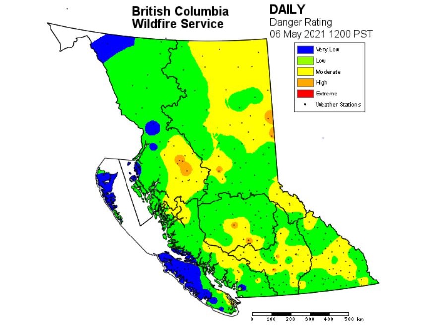 A map from Friday, May 7, 2021, showing fire danger ratings throughout the province.