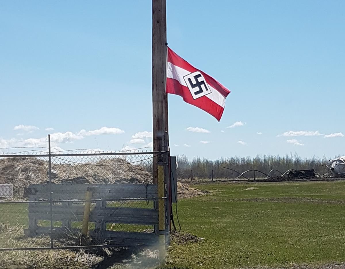 A Nazi Hitler Youth flag flying at a rural property southwest of Edmonton near Breton, Alta. in May 2021.